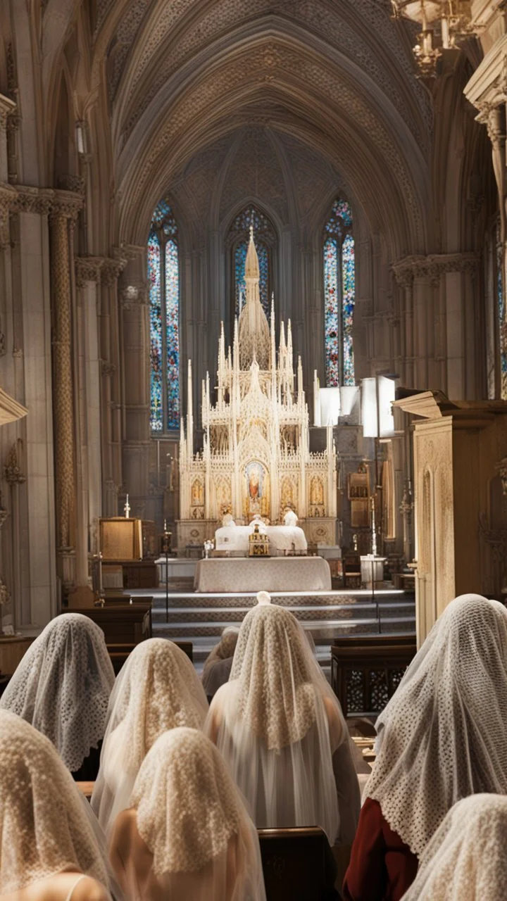 7 sisters wearing lace veil praying in church.cinematic.