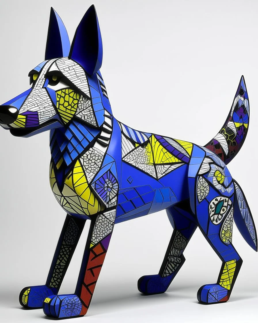 A violet ice elemental German shepherd designed in Indian Gond art painted by Roy Lichtenstein
