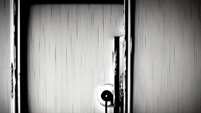 unhinged door, anime, monochrome, black background, ink, simple, maximum quality, broken hinge, barely functioning, why is it still being used it's a health hazard, centered on frame, far