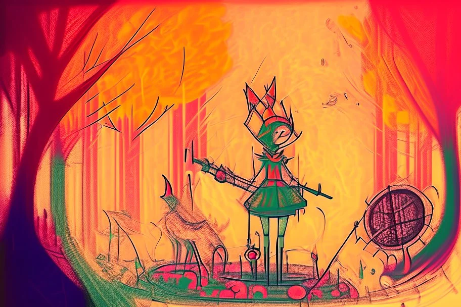 watercolor and ink, Stage, stand-up microphone, drums, guitars, speakers, forest, Hansel and Gretel, Snow White walking with Robin Hood, midwife with an iron nose, Little Red Riding Hood with a basket on her arm, wolf horn on her head in sunshine, ethereal, cinematic postprocessing, bokeh, dof