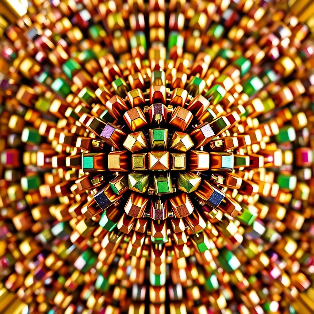 a mandelbulb 3d fractal made of small metallic random color cubes