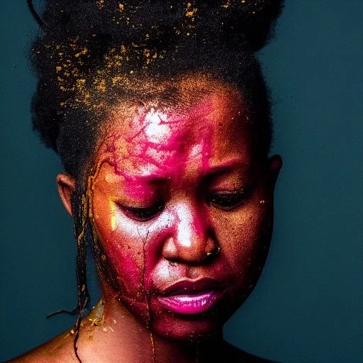 a brain exploding. kintsugi. Chaos. Portrait of a young black woman crying.a mind fracturing.confusion. Tears the colour of oil. Depression seeping out of her eyes nose and mouth like a oil spill