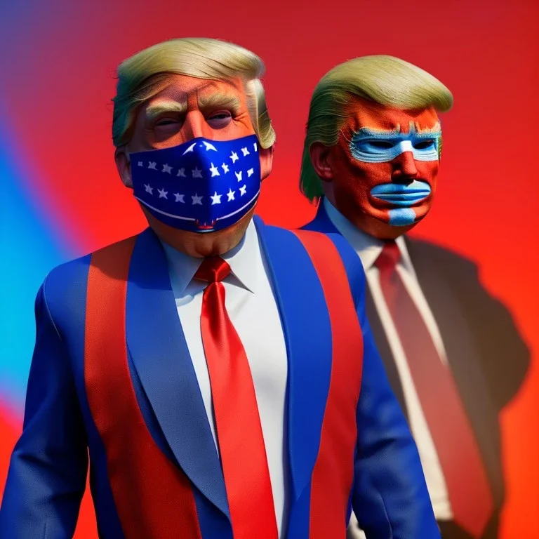 realistic image of donald trump as a mexican wrestling fighter posing outdoors, Mexican eyes wrestling mask, red and blue breeches, suspenders, retro style, 80s, vibrant color, highly detailed, sky background, concept art, unreal engine 5, god rays, ray tracing, RTX, lumen lighting, ultra detail, volumetric lighting, 3d, finely drawn, high definition, high resolution.