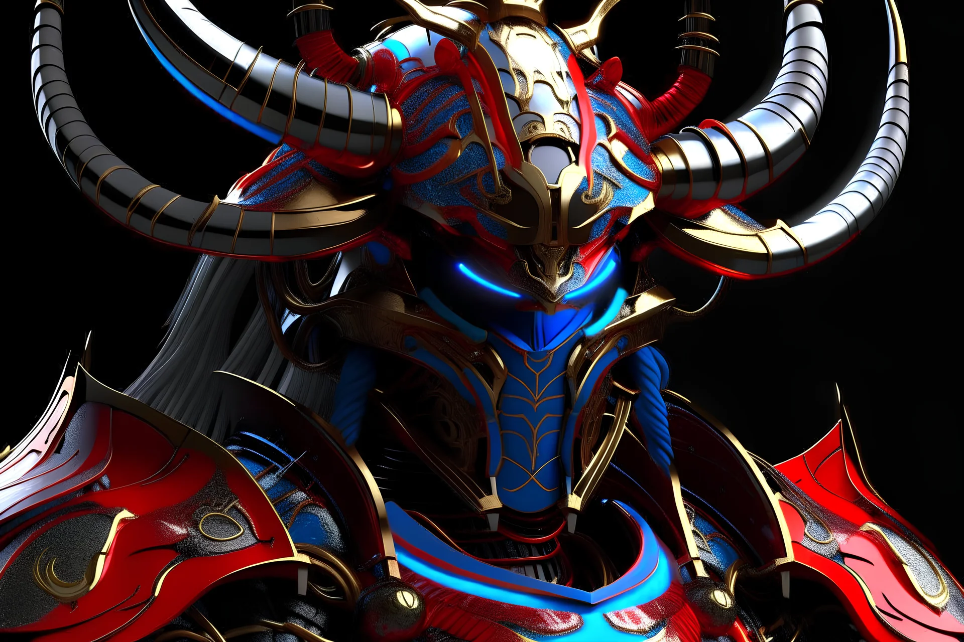 silver and crimson lightning Raijin samurai, blue electric horns that sprout forwards, a silver mask that covers the lower face, golden highlights throughout the armour, electricity emitting from the armour as a lightning arch appears from the back, crimson hair appearing out of the helmet