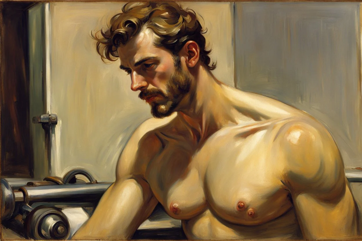 A handsome masculine shirtless scruff greasy dirty mechanic, Edward hopper John singer Sargent oil painting