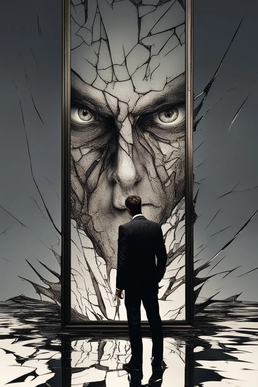 a man looking into a shattered mirror and seeing a horrifying, abstract monstrous reflection
