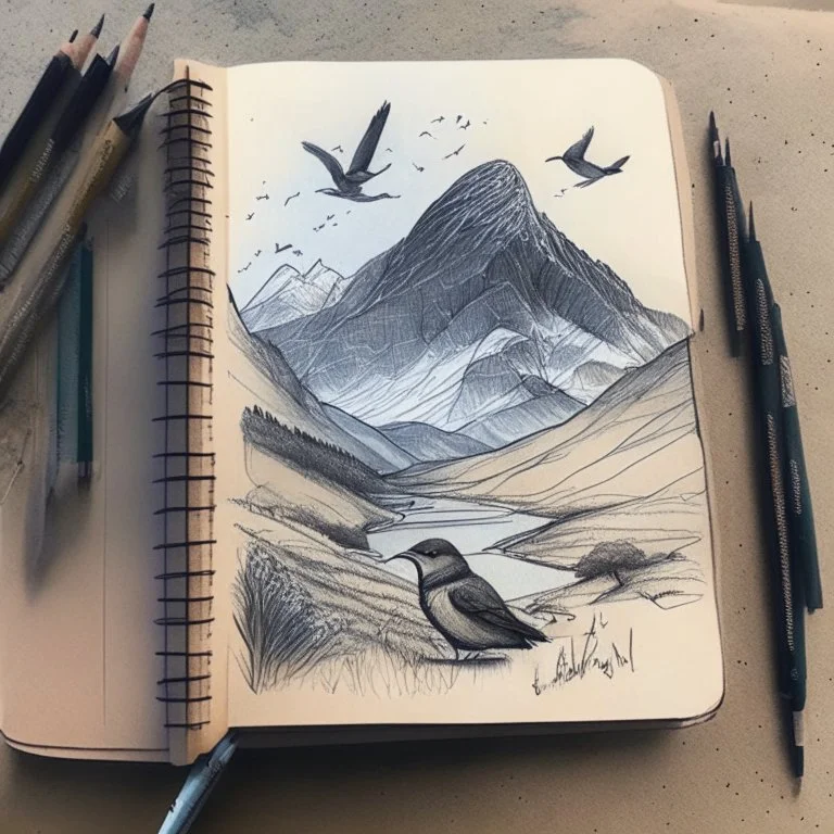 drawing in a sketch book of a landscape with mountains and a bird sitting in the forground.