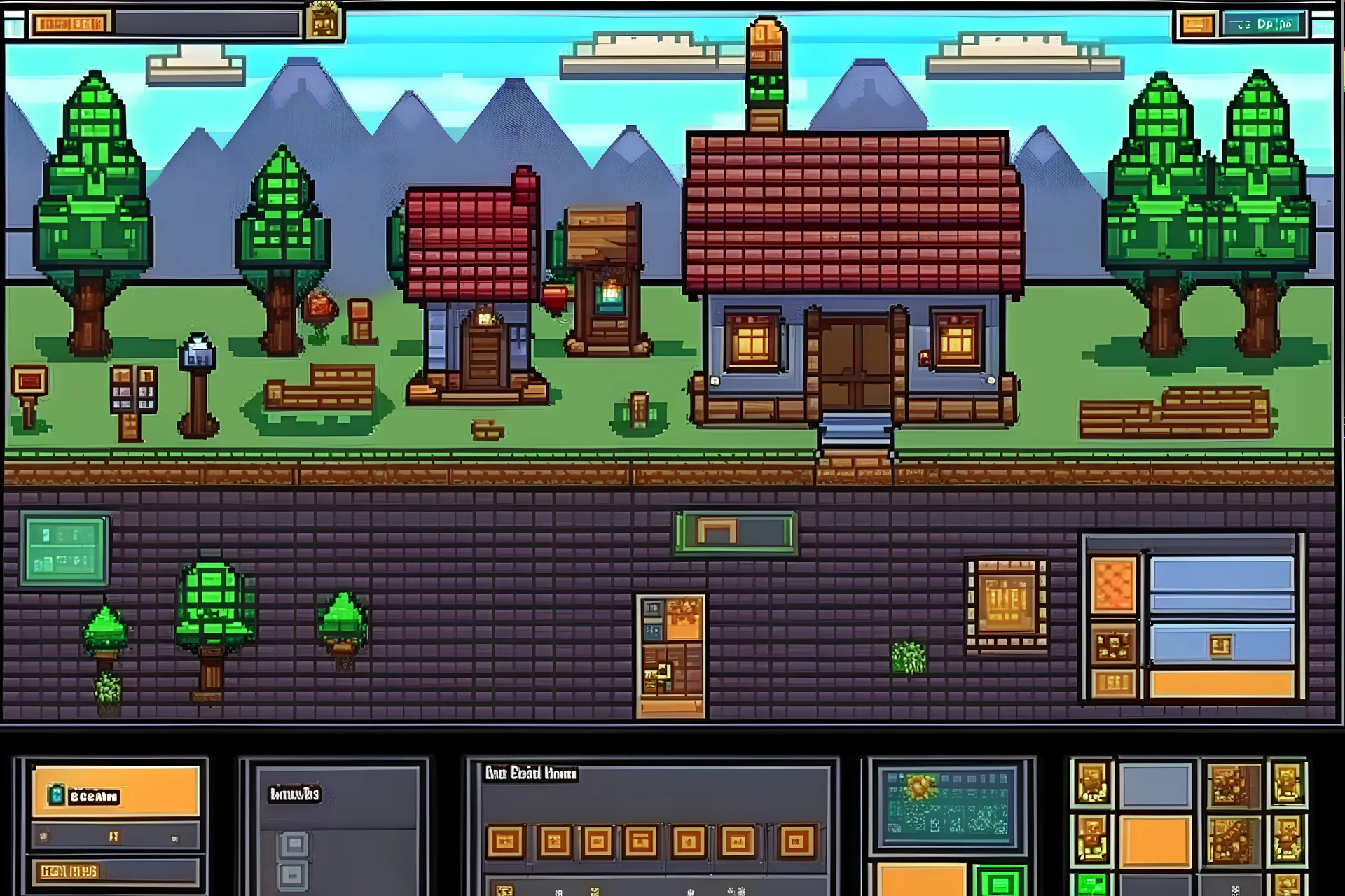 Generate a 2D RPG menu GUI start screen background in pixel art style