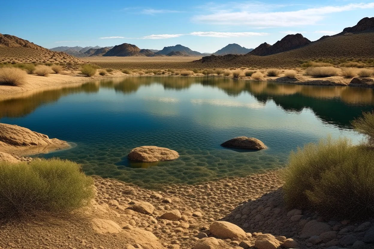 lagoon, rocks, distant mountains, arid land, desert, pond, rocks, epic