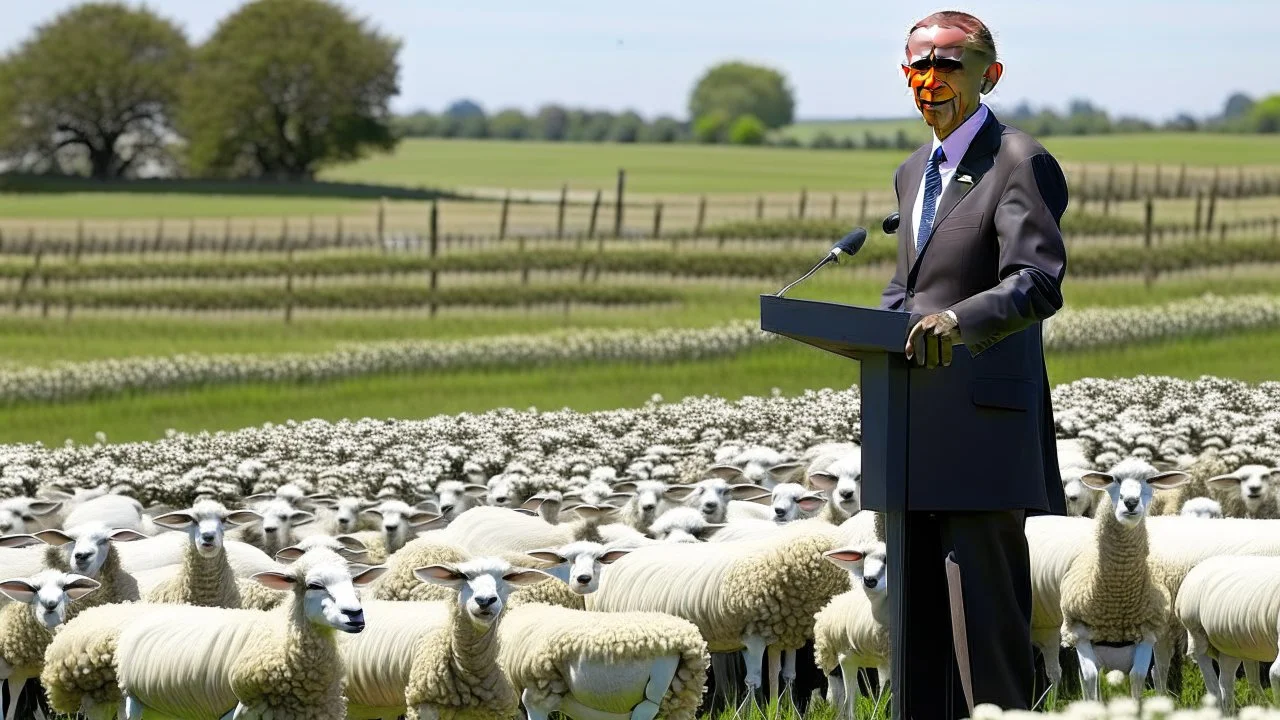 barack obama at podium speaking to large field of sheep