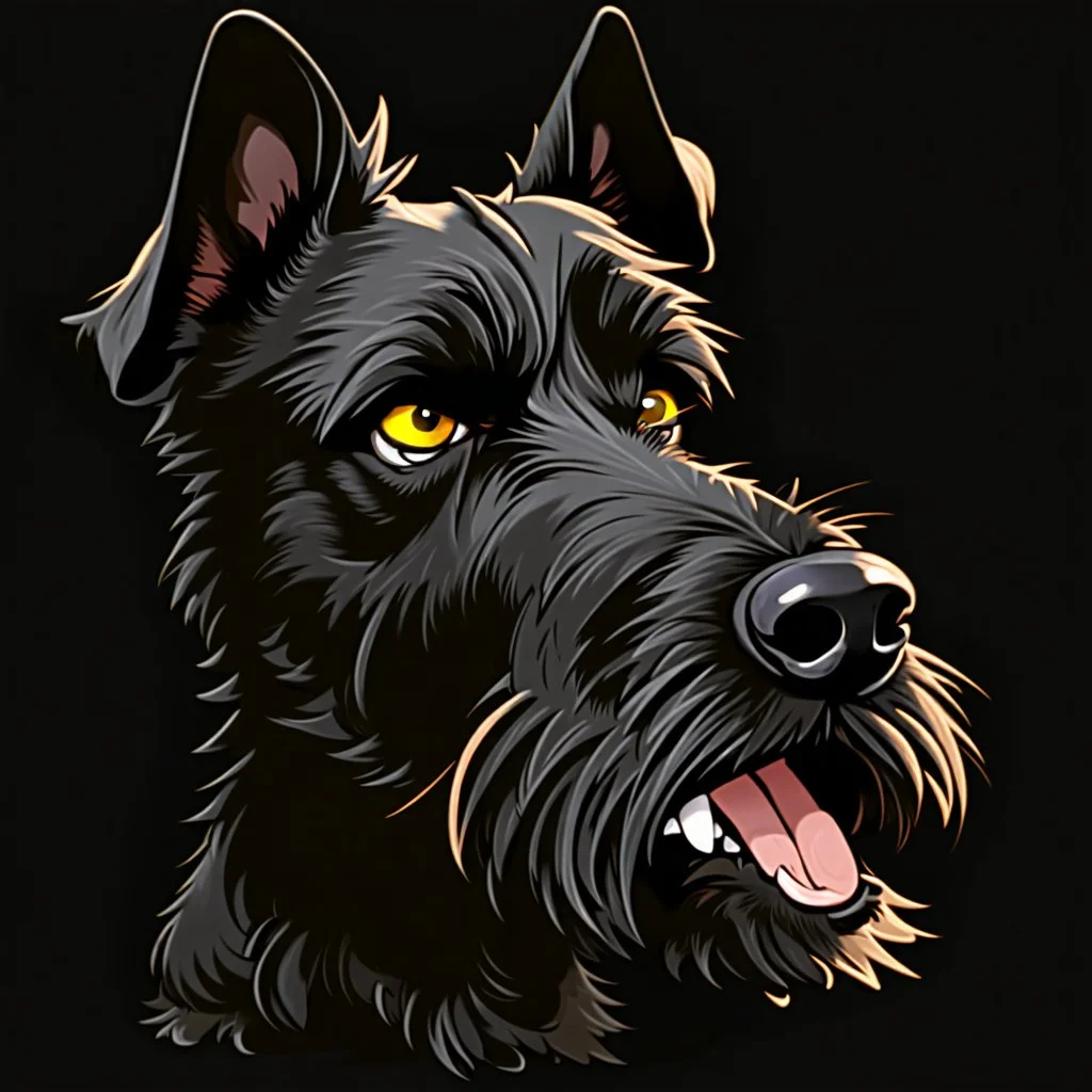 illustration of an angry scruffy black terrier on black background, yellow eyes