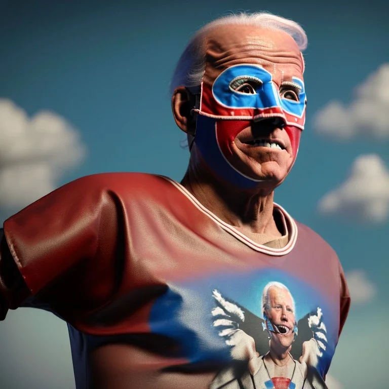 realistic image of joe biden as a mexican wrestling fighter posing outdoors, Mexican eyes wrestling mask, red and blue breeches, retro style, 80s, vibrant color, highly detailed, sky background, concept art, unreal engine 5, god rays, ray tracing, RTX, lumen lighting, ultra detail, volumetric lighting, 3d, finely drawn, high definition, high resolution.