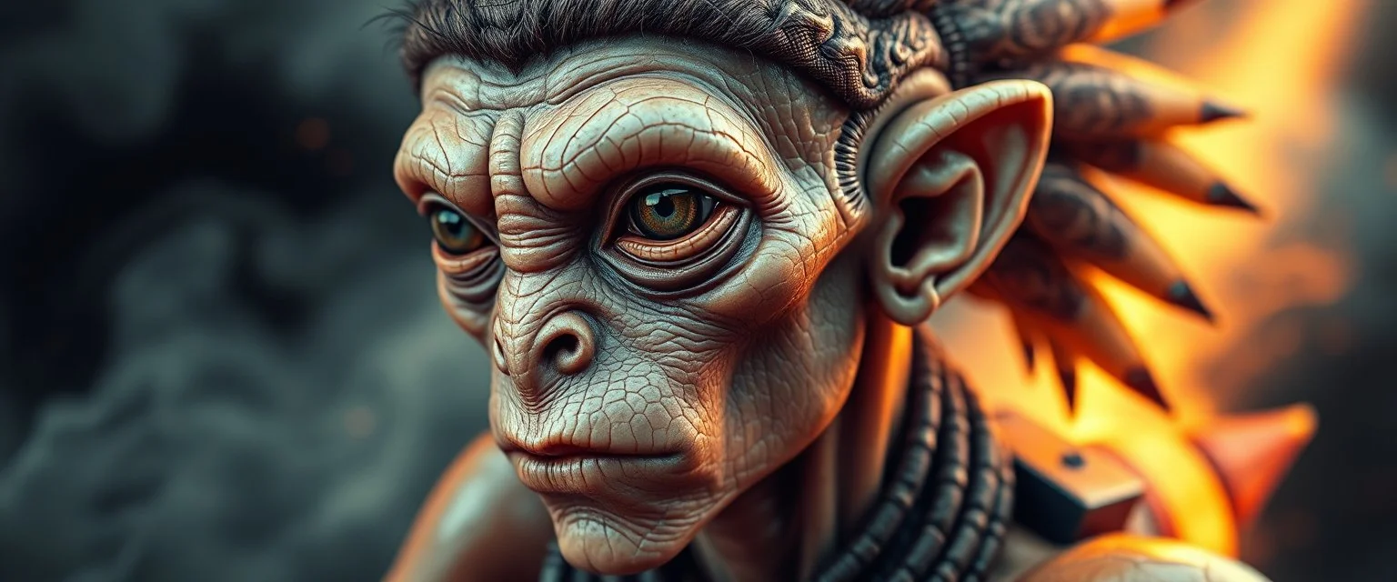 close up portrait with fine pores and real skin texture, clear transparent skin, wise eyes, hairy macho disco alien indian Homunculus – living in a hi tech marvellous hot dog art graphics and rune stone on rocket with a mounted sling shot mega harpoon, heading for venus , background motion blur and smoke swirls