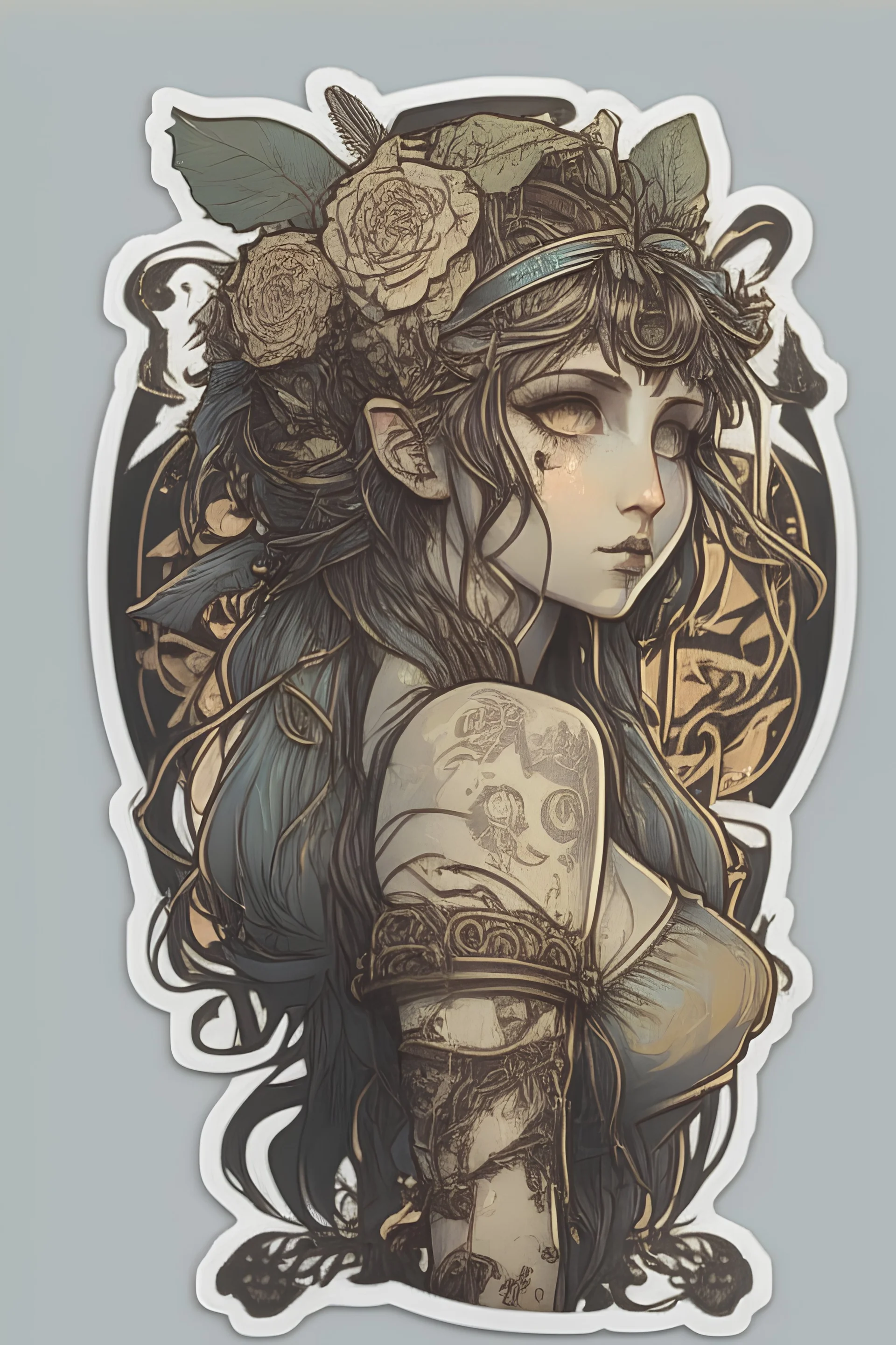 Sticker punk Goth girl, illustration by alphonse mucha, high detailed, 4k resolution, digital paiting, cute, art, no background,