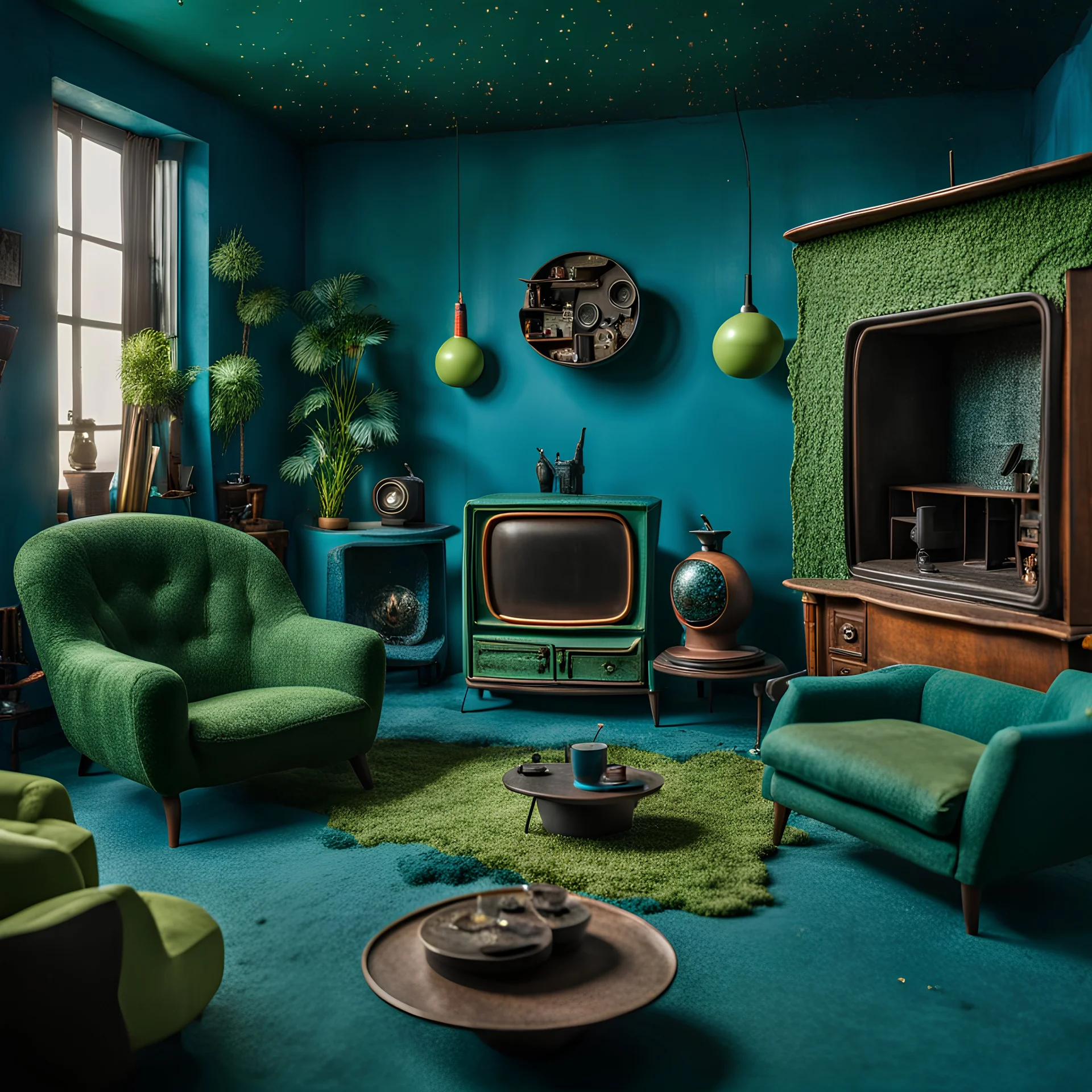 Detailed cozy living-room made of modeling clay, odd furnitures, naïve, strong texture, TV studio 1950's shot, extreme detail, Max Ernst, green and blue moody colors, sparkles, Yves Tanguy, odd