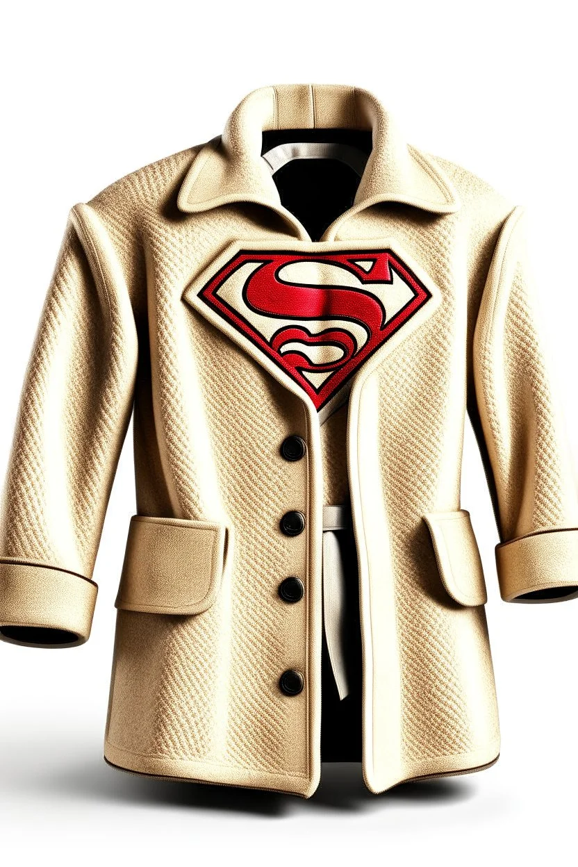 Men's Superman's Balenciaga overcoat Winter elegant inspired by Superman's emblem design beige tones with dual color on a white background, product catalog photography, soft spot lighting, depth of field, 4k –ar 3:5 –q 2