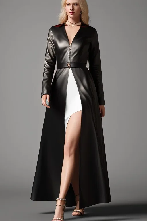 blonde woman, black leather gown