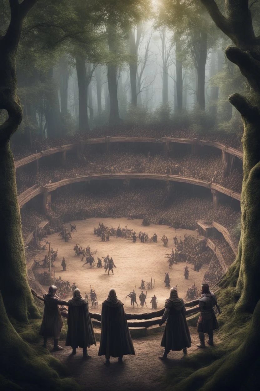 fantasy medieval tournment arena into the woods with people fighting