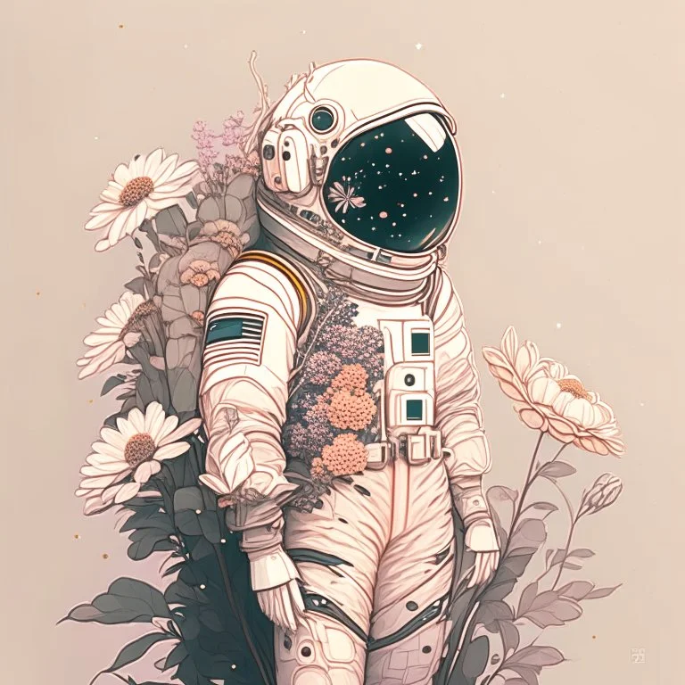 "floral astronaut" hand-drawn digital art, muted tones, flowers everywhere, REALISTIC, anime, 4k