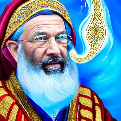 portrait painting of a wizard, ultra highly detailed, intricate details, shiny, sky blue eyes, pipe smoke, metallic, robes, embroidery, runes