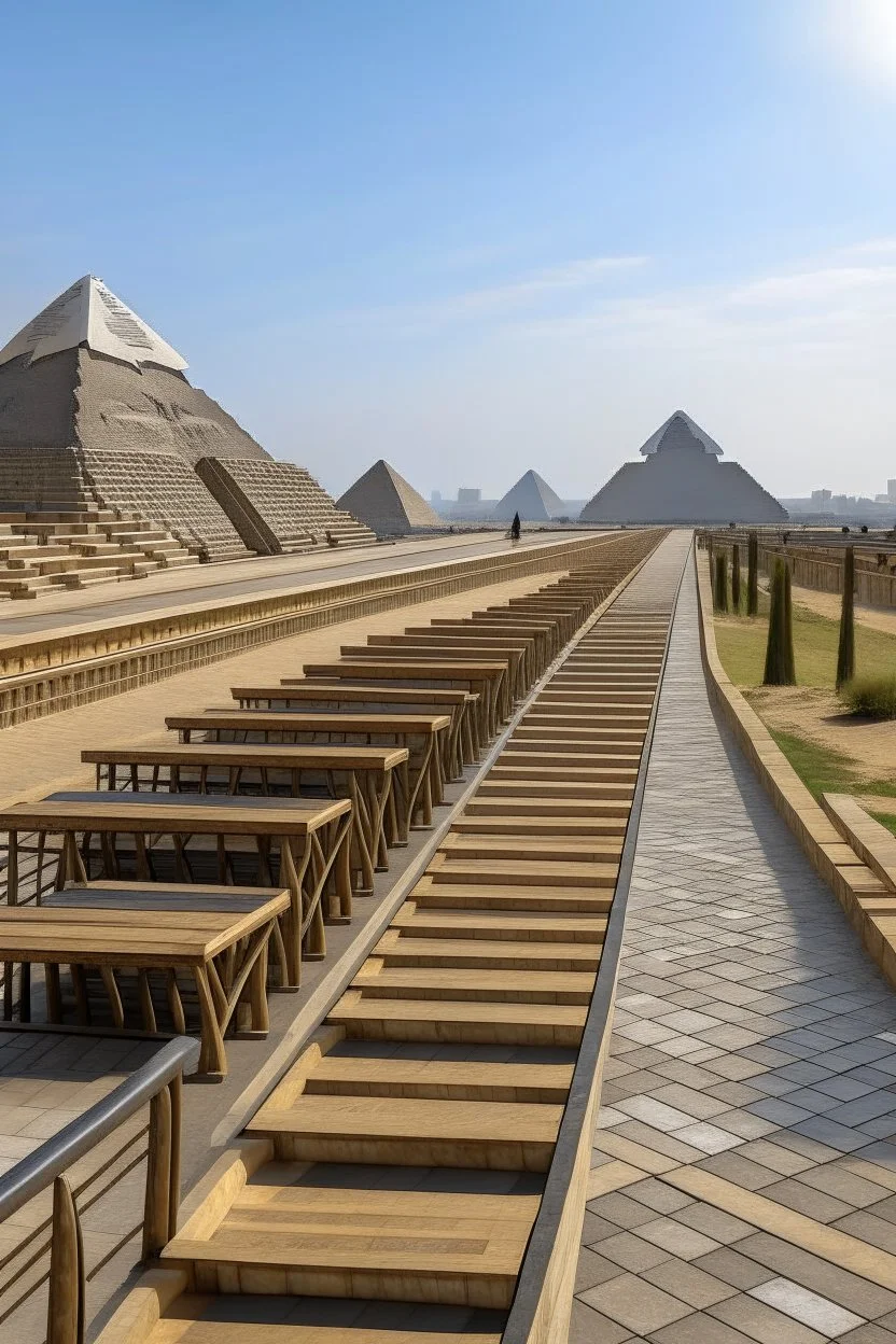 A tourist walkway in Egypt overlooking the pyramids and has seating places