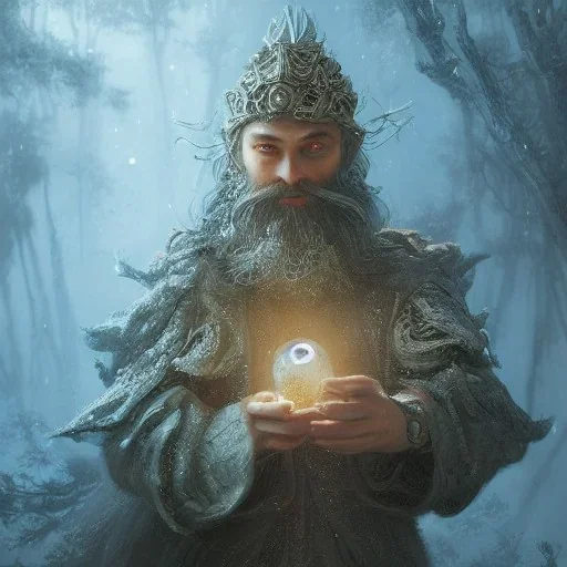 Insanely detailed photograph of an “D&D twilight cleric holding glowing D20” with intricate detailed beard, intricate embroidered clothing, hyperdetailed painting by Ismail Inceoglu Huang Guangjian and Dan Witz CGSociety ZBrush Central fantasy art album cover art,8K, hdr, mysterious, ominous, snowflakes,jolly