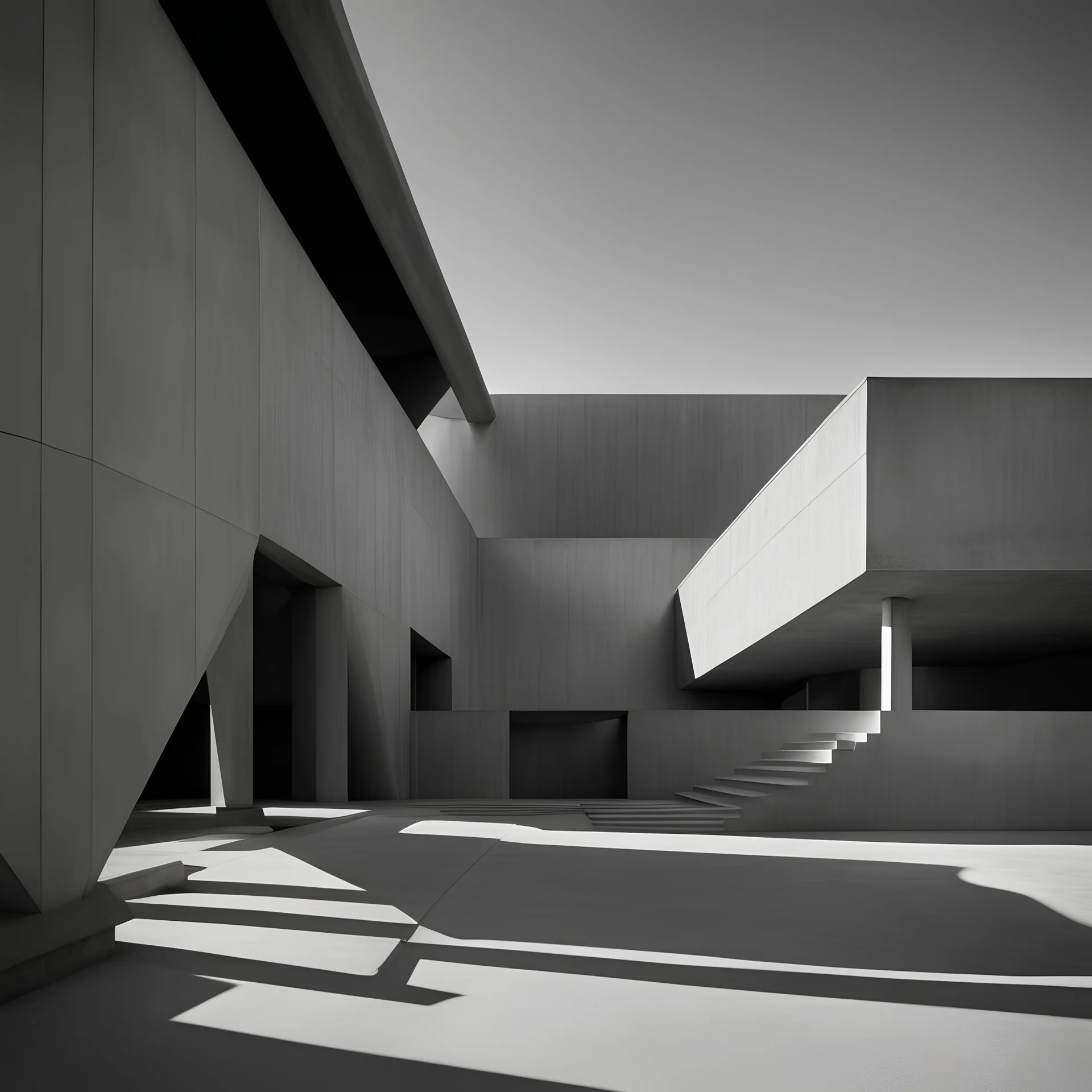 Minimalist concrete structure with geometric forms and dramatic shadows, inspired by awe, Brutalist style, Le Corbusier, photographed by Ezra Stoller --ar 16:9 --c 2