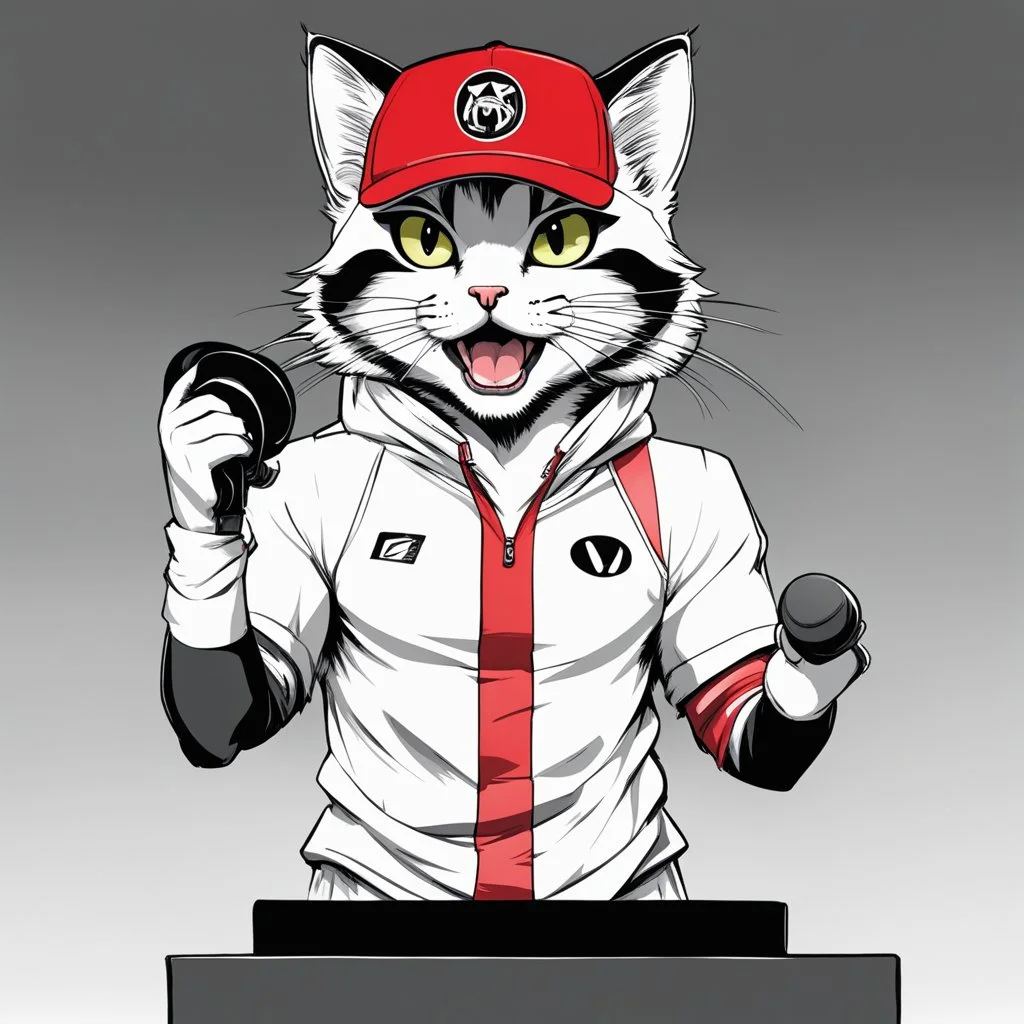 a drawing of a manga cat man with a sports cap and shirt, speaking at a (((lectern))) with a microphone, red, white and black colors, cat white and black colors, microphone in one hand, cat asking