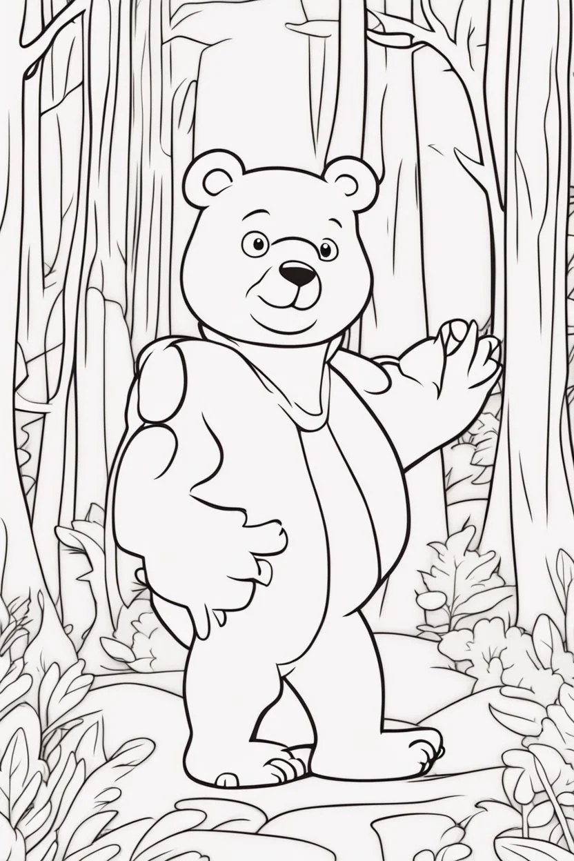 kids coloring page, bear in the woods, cartoon style, thick lines, low detail, no shading