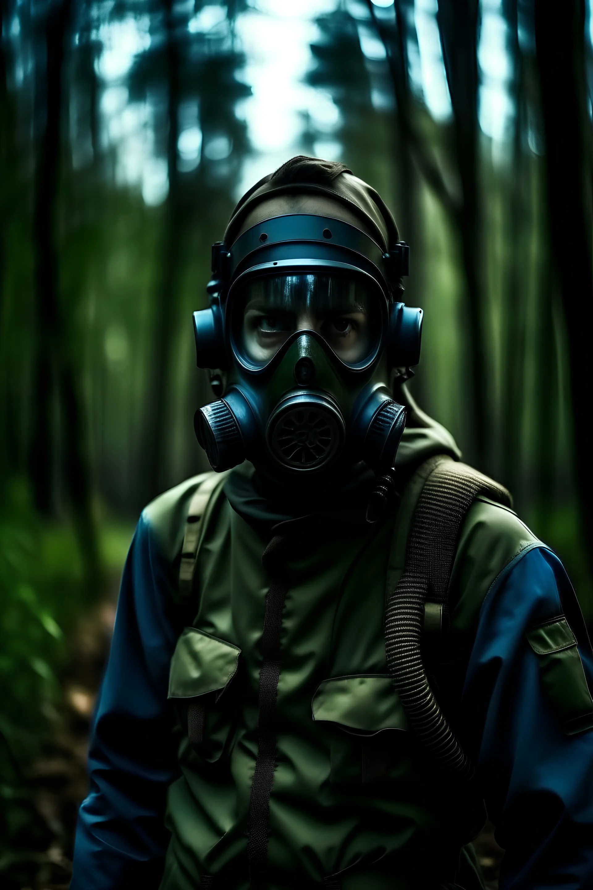Modern soldier with glowing eyes wearing a gas mask standing in a forest at dusk.