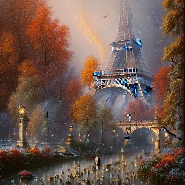 autumn in paris, ornate, beautiful, atmosphere, vibe, mist, smoke, fire, chimney, rain, wet, pristine, puddles, melting, dripping, snow, creek, lush, ice, bridge, green, stained glass, forest, roses, flowers, by stanley artgerm lau, greg rutkowski, thomas kindkade, alphonse mucha, loish, norman rockwell