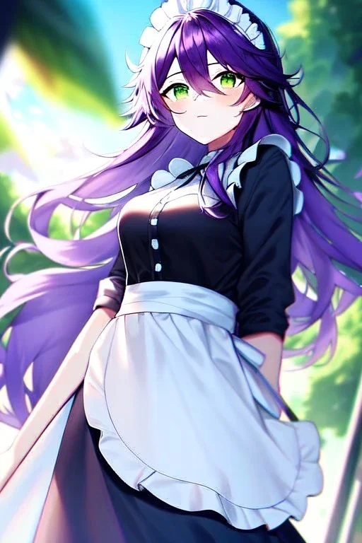 girl, masterpiece, best quality, cinematic lighting, detailed outfit, vibrant colors, perfect eyes, green eyes, long hair, purple hair, messy hair, hair between eyes, depth of field, ray tracing, maid,