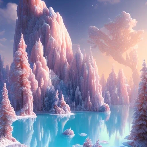 delicate landscape with multicolored crystals falling from the sky, blue lake, cascades, full of details, smooth, bright sunshine，soft light atmosphere, light effect，vaporwave colorful, concept art, smooth, extremely sharp detail, finely tuned detail, ultra high definition, 8 k, unreal engine 5, ultra sharp focus