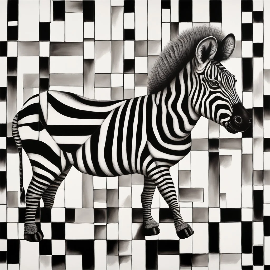 surreal fantastic zebra-like animal with hide in the pattern of a black-white crossword puzzle, by Naturo Hattori, by Tim Burton, surrealism, intricately detailed, matte alcohol oil paintings, complementary colors.