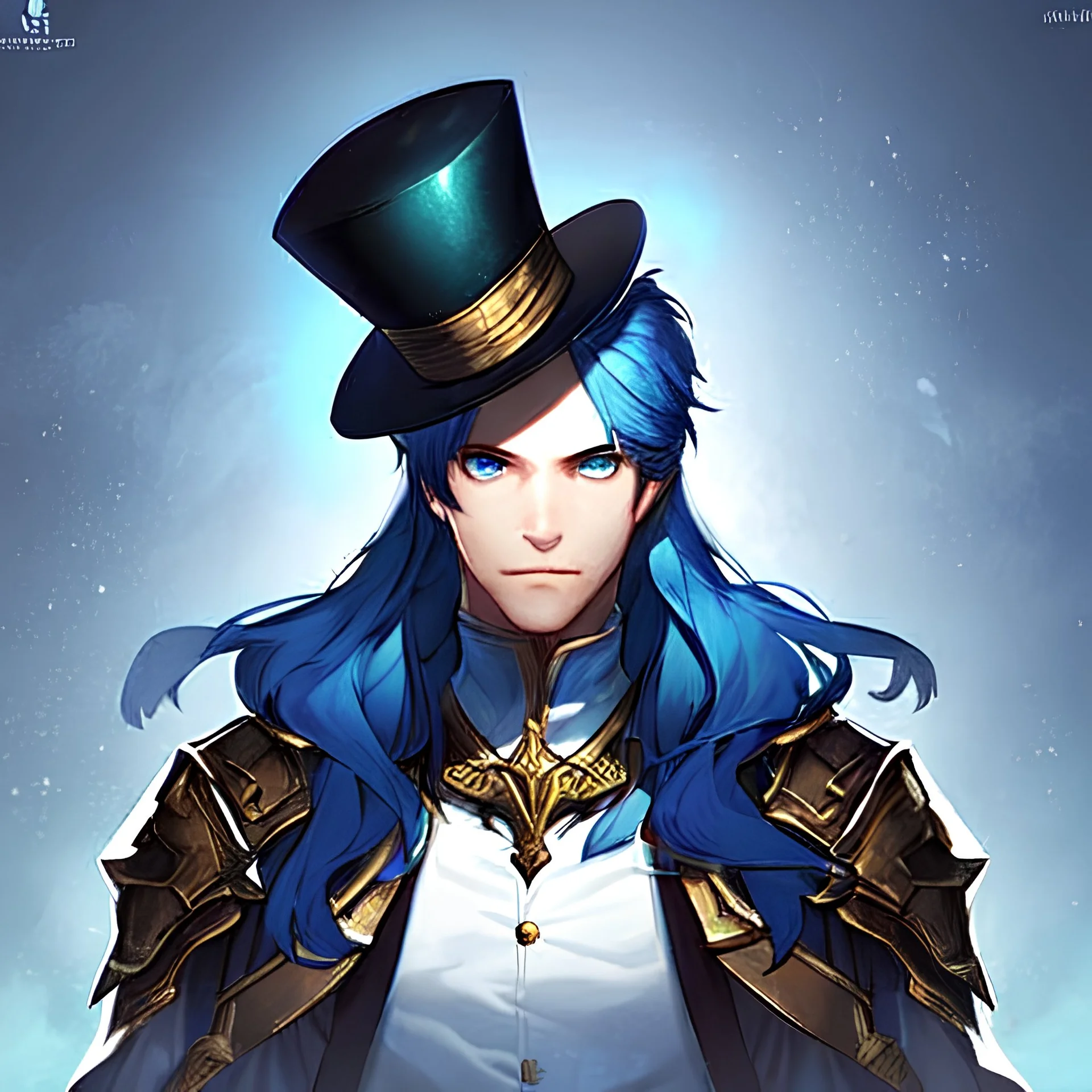 hyper realistic white male with blue hair and blue eyes. wearing fantasy style noble and a top hat gunslinger