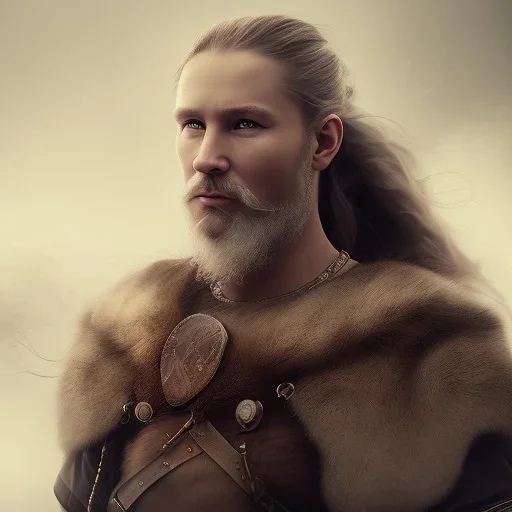 Viking theme, a younger woman sitting next to a 50-year-old man, portrait, 8K, close-up face, anatomically perfect face, Highly detailed stunning full frame portrait, misty and cloudy atmosphere