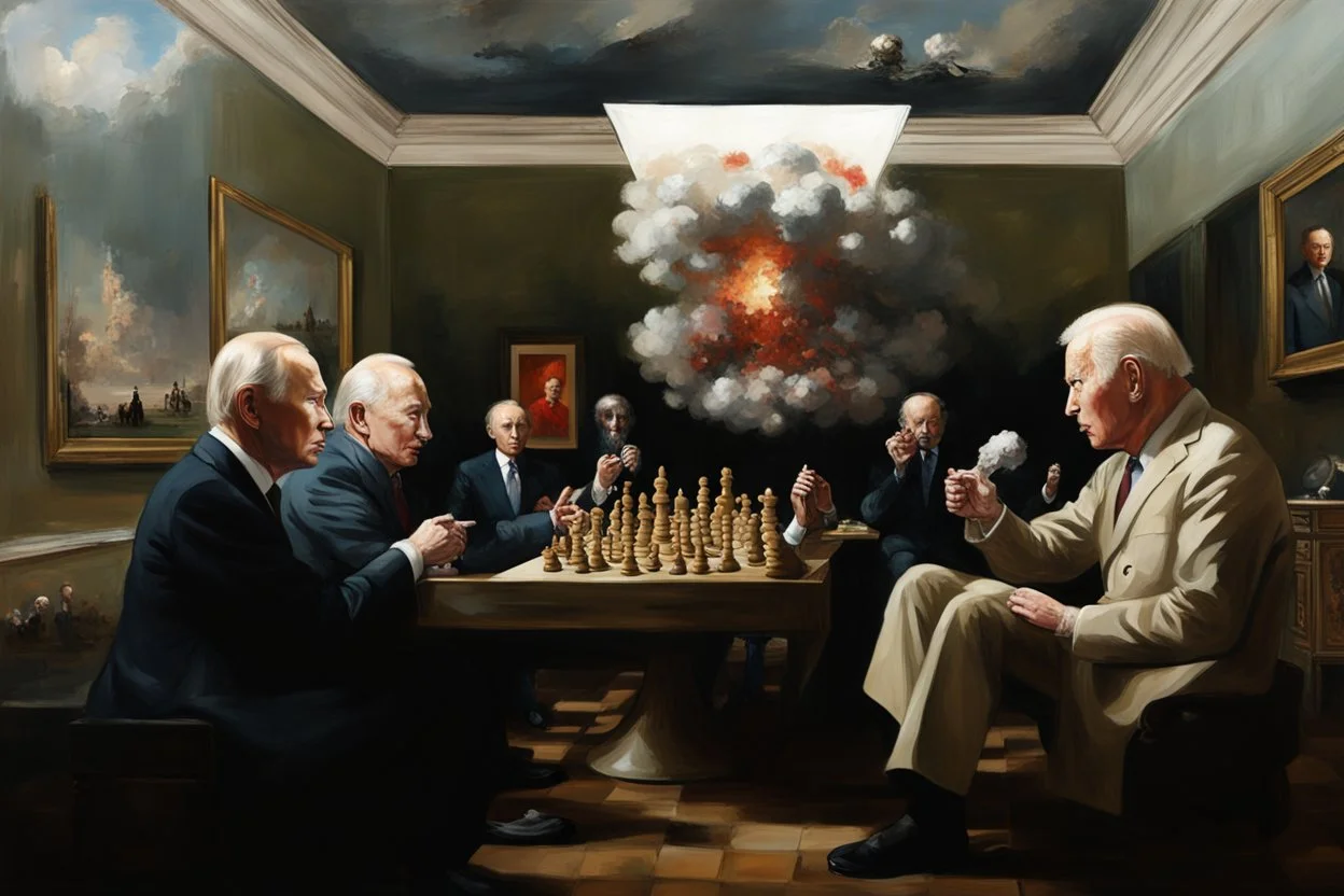 Putin, President Xi Of China And Joe Biden Play Chess With Atomic Bomb Mushroom Cloud,Complex Surgical Instruments Intermixed With A Newborn Boy,Minimalism,Painting By Adrian Ghenie,Rene Magritte,Pablo Picasso,Michelangelo,Salvador Dali,Lucian Freud