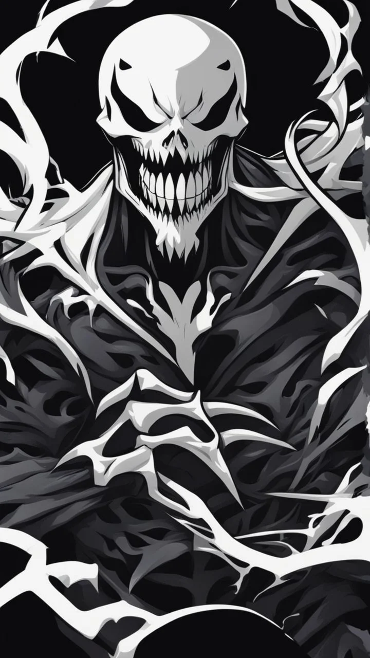 A close horror picture to Mix between Skeleton and venom symbiote and venom smile in solo leveling shadow art style