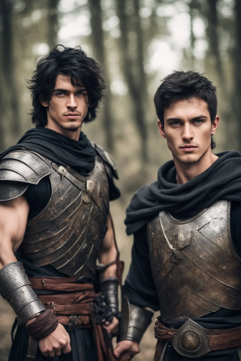 two male friends of twenty-five years old, with hazel eyes, black hair, diferent faces, dressed as epic warriors.