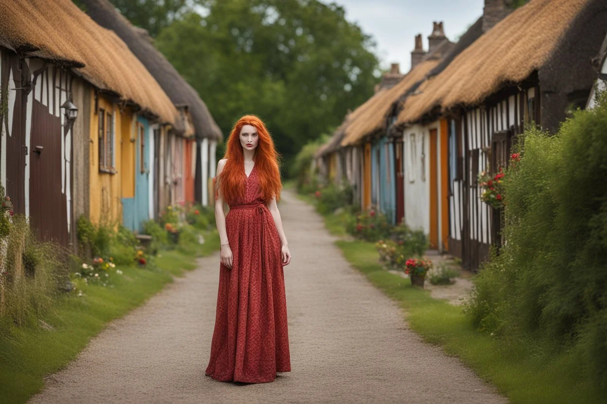 Full body shot of a tall slim pretty, red-headed young woman, dressed in a long flowing colourful dress, standing in front of a row of cottages and shops with thatched roofs, casting runes in the air