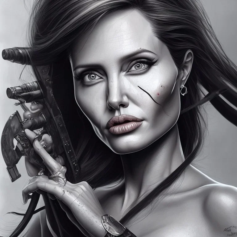 portrait head Angelina Jolie long hairs big bobs Tomb Raider gunshot