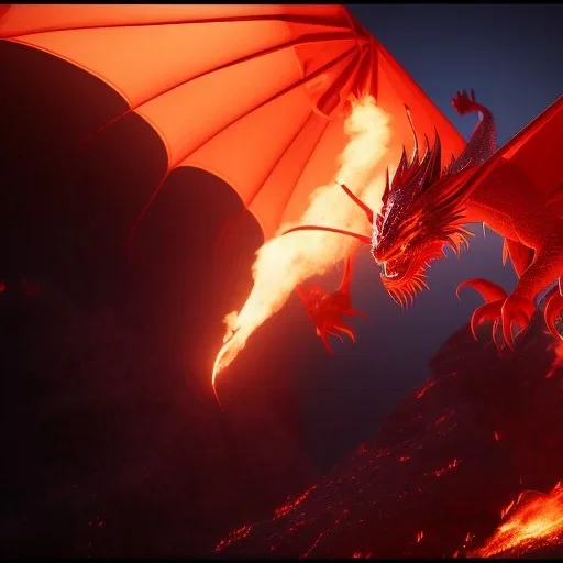 Bir kızıl dragonun gökyüzünde uçtuğu bir resim,ağzından ateş çıkaran, octane render, unreal engine 5, 8k