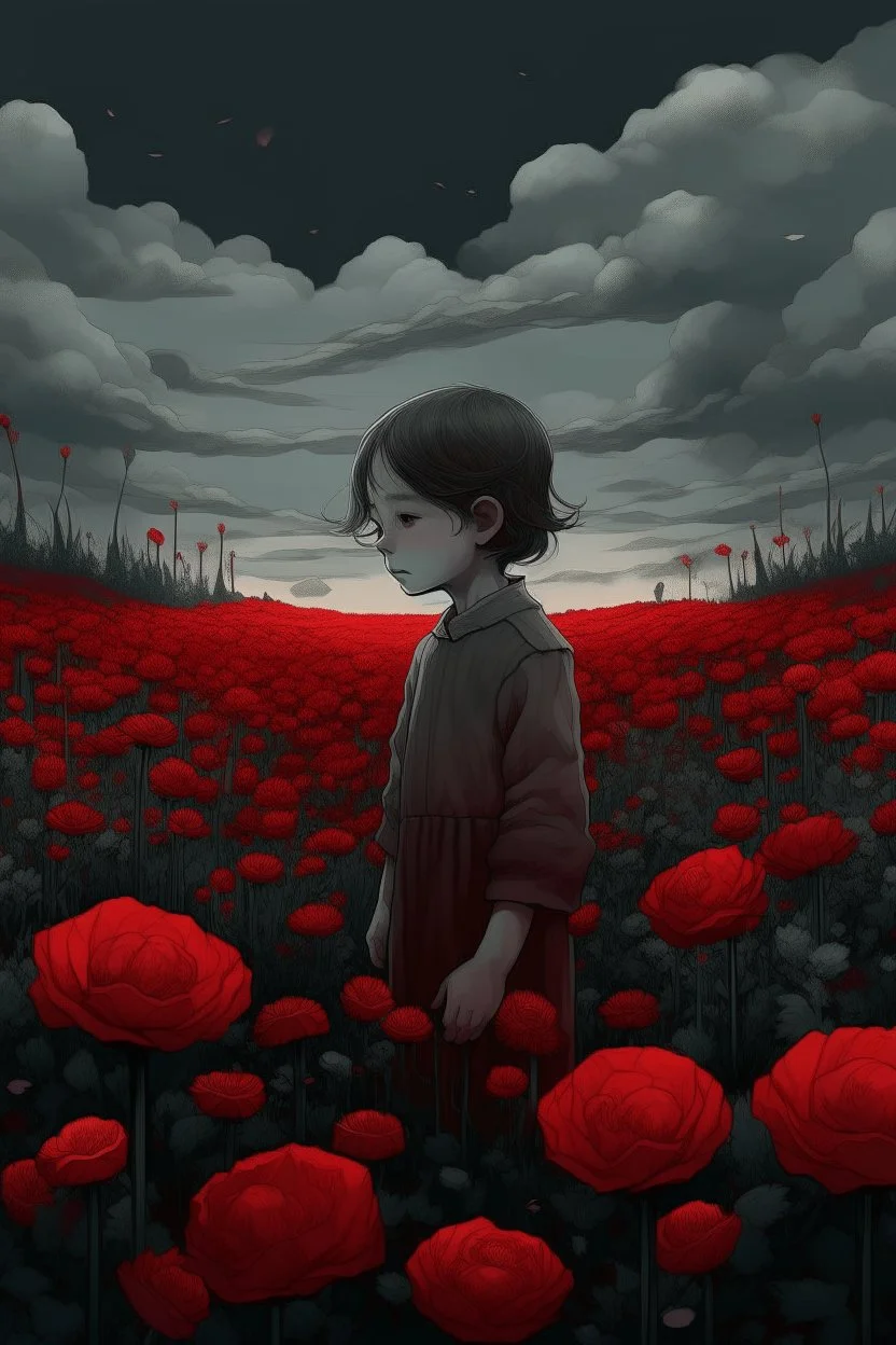 an illustration of a beautiful child with a field with red flowers cloudy in dark aesthetic