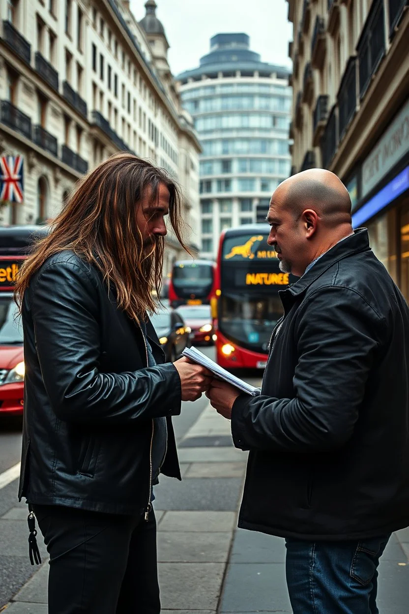 A stalker wants an autograph from a long-haired rock musician on a street in central London. The stalker is an overweight soon bald 25-year-old and looks a bit slimy, the atmosphere is oppressive and unpleasant, lot of traffic and london busses, hectic hour, a nice hotel