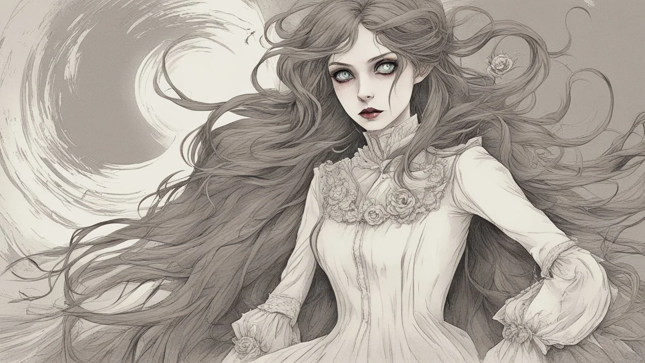 comic style, In the pallid moonlight, a peculiar girl appears - a vampire, her skin a haunting shade of spectral grey, as if she herself were wrought from the lonely heart of a forsaken moon. Cruel rubies are set into her eyes, glowing with ominous liveliness against her lifeless pallor. Blood, a sinister accompaniment to her form, the colour of garnet, seems to drip off her like a macabre jewel, casting a chilling aura of dangerous enchantment about her.