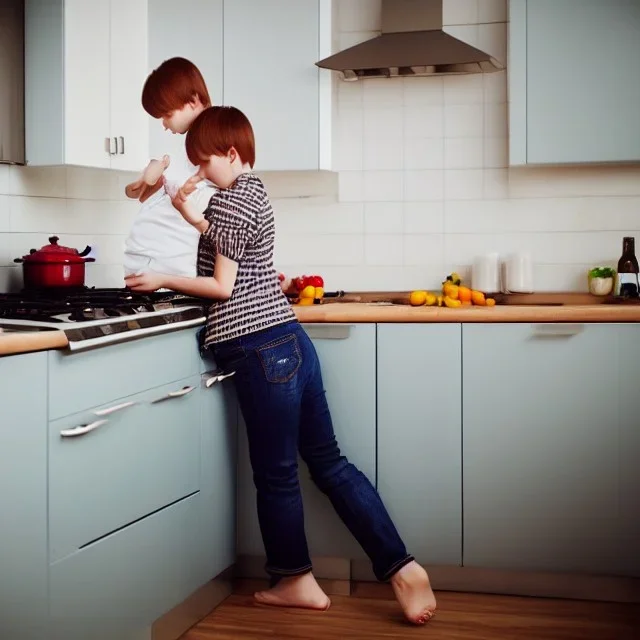 Realistic photo Russian shorthair beautiful tomboy boyish boylike young mother wide hips in kitchen