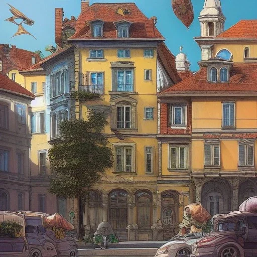 Square+trieste architecture +detailed facades+human scalades+beautiful, liveable urban square lined with with richly detailed houses and shops, ,street trees,ornamental flowers +uphill road+biopunk+Book illustration by Gediminas Pranckevičius, Jean Baptiste Monge, Brian Kesinger, Anton fadeev, Kilian Eng, strong lines, high contrast vibrant colors, highly detailed, 16k resolution, trending on behance