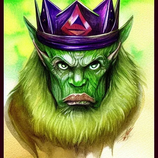 dungeons and dragons, fantasy, goblin, king, green skin, watercolour, distinct face, portrait, head, crude crown