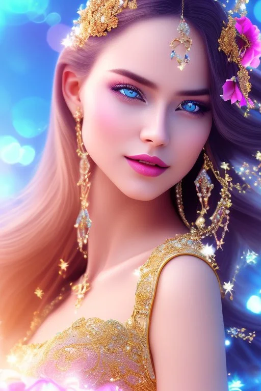 Beautyful smiling young woman, long hair amazing blue eyes, flowers, happy cosmic, bright colors, blue, pink, gold, jewels, realistic, photo real, clear sunny background, highly detailed, high contrast, 8k high definition, unreal engine 5, extremely sharp detail, light effect, sunny light backgroundgold, jewels, realistic, photo real, clear sunny background, highly detailed, high contrast, 8k h,crown