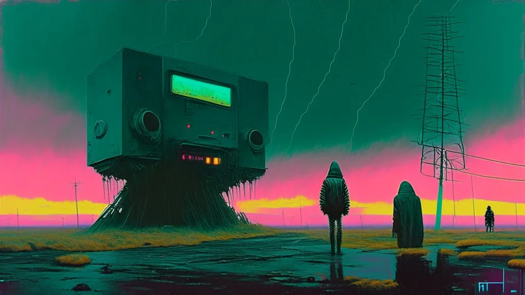 Strange surreal world, science fiction painting, Simon Stålenhag, Denis Sarazhin, ominous sky, Alex Colville, Alejandro Burdisio, Romain Trystram, RAW, gritty atmospheres, sinister surrealism, dark pop surrealism, neon techno-gothic punk, analog horror CRT, scan lines